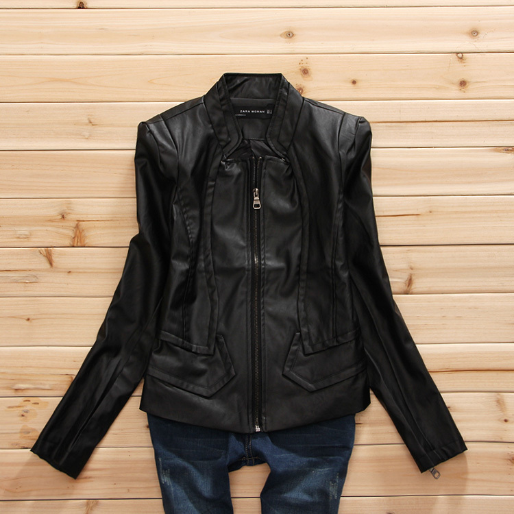 Free Shipping Autumn women's short design slim black leather clothing jacket outerwear Women leather clothing