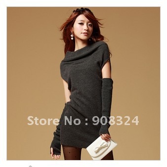 free shipping  autumn women's slit neckline slim knit medium-long sweater basic shirt sweater sexy dress 2012