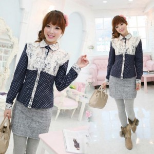 Free shipping Autumn women top polka dot lace patchwork long-sleeve shirt female vintage sweet clothes