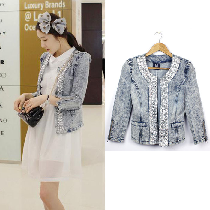 free shipping Autumn Women vintage elastic denim rhinestone paillette short jacket top women's short design denim coat