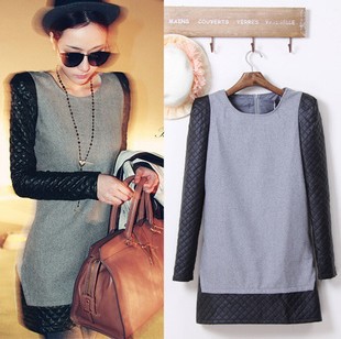 Free shipping  AYOMI show winter wool dress stitching leather women  dress