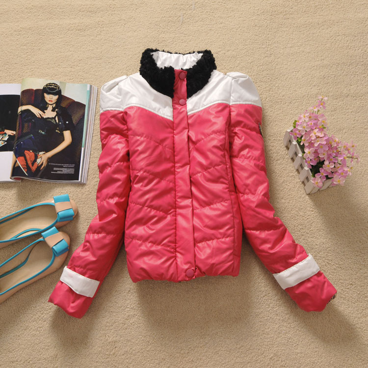 Free shipping! Az07 2013 fur collar color block decoration sweet short design stand collar PU wadded jacket 0.45