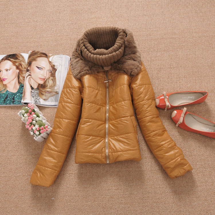 Free shipping! Az16 women's sweet patchwork knitted fur collar scarf muffler thermal drawstring zipper wadded jacket -