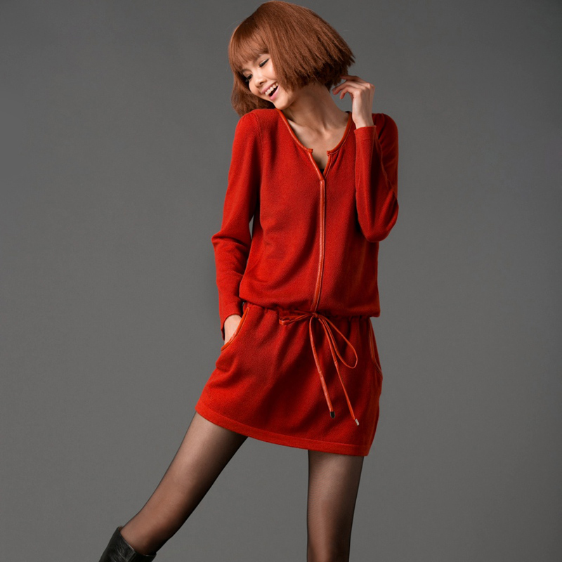Free shipping Aziyur 2013 spring and summer V-neck genuine leather bag drawstring slim waist long-sleeve dress d1487