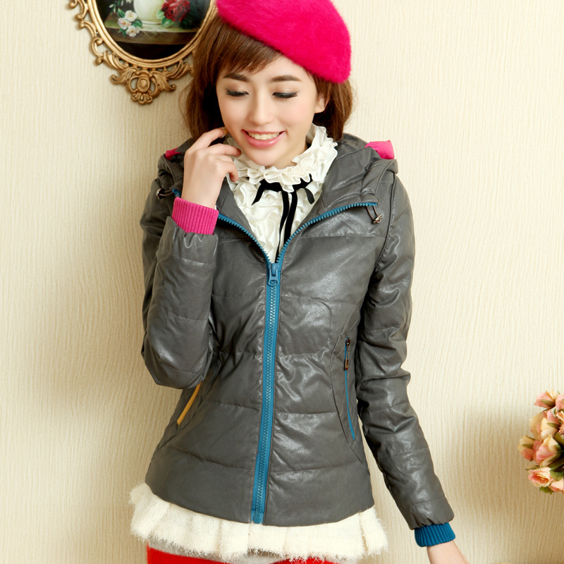 Free Shipping, B183p222 winter fashion zipper long-sleeve gentlewomen with a hood PU down coat
