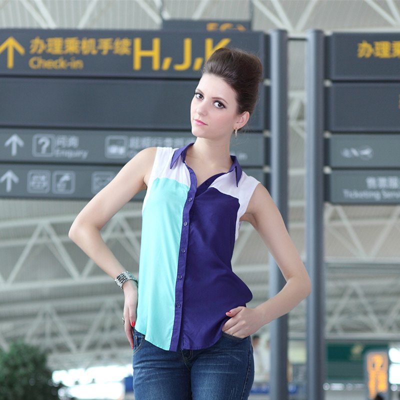 FREE SHIPPING BaBassu Newly Style Sexy Fashion Patchwork O-Neck Short Ladies' Casual Chiffon Blouse