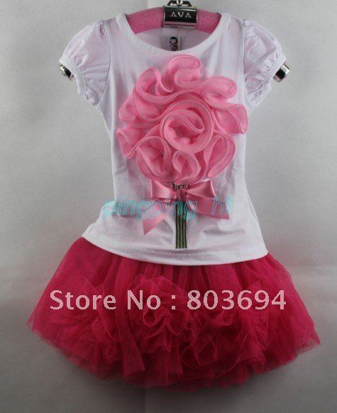 Free shipping baby clothes  2pcs sets baby suits 5sets/lot  white shirt + hot pink skirt hl-520^-^