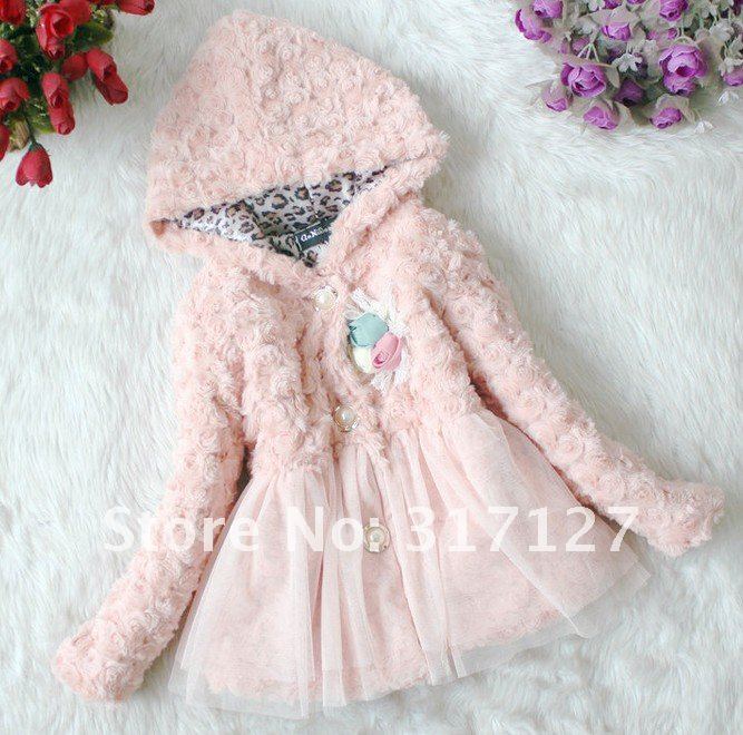 FREE SHIPPING BABY GIRL FAKE FUR COAT WINTER OUTDOOR COAT ROSE FLOWER DESIGN LEOPARD PRINT LINING IVORY COLOR 3PCS/LOT
