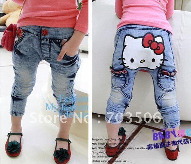 Free shipping baby Girls Cartoon Hello Cat Denim Pants Children Cotton Fashion Jeans Trousers 5pcs/lot