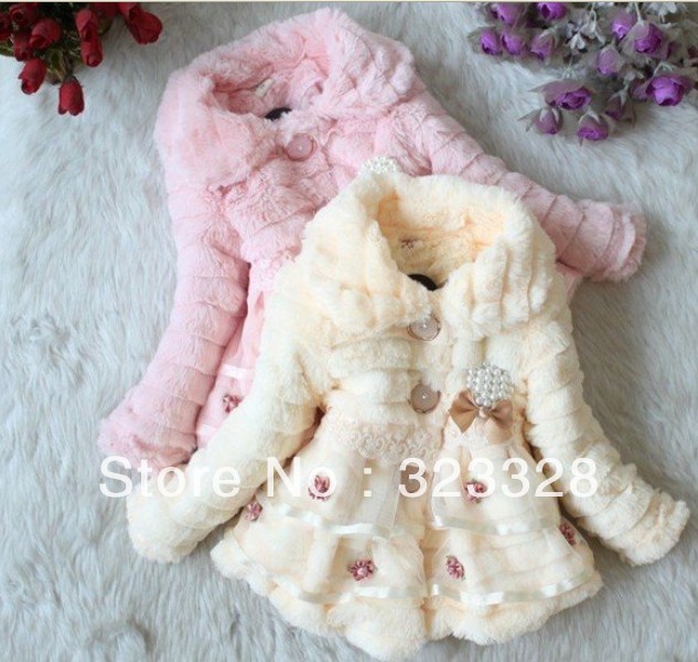 FREE SHIPPING BABY GIRLS WINTER FUR JACKET WITH LACE AND EMBD FLOWER, KIDS LUXURY COAT WITH POLAR FLEECE LINING 4PCS/LOT