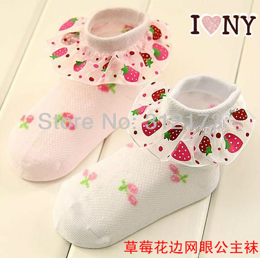 FREE SHIPPING--baby socks girls lace socks strawberry design summer wear kids lace lacework socks 100% cotton 2pair 0306-3