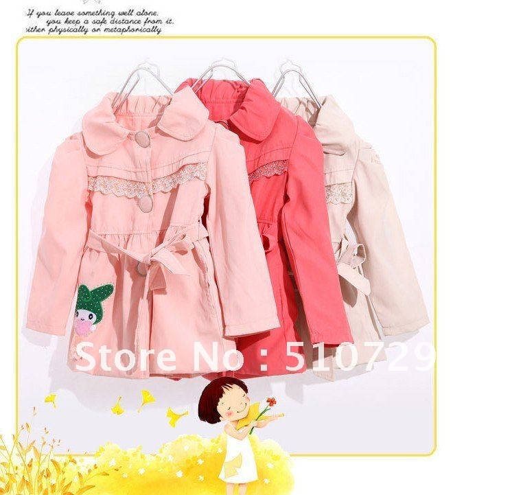 free shipping baby trench butterfly girls outwear cartoon & lace overcoats with waistband 3pcs kids long coats children clothes