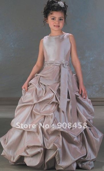 Free Shipping Ball Gown Bateau Floor-length Sleeveless Taffeta Flowergirl Dress with Sash/Ribbon