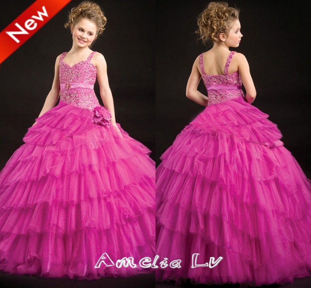 Free Shipping Ball Gown Princess Spaghetti Straps Beaded Bodice with Flowers Tiered Skirt Flower Girl Dress Girl Party Dress