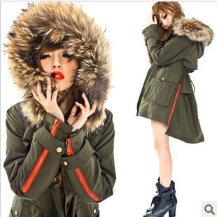 Free shipping Ballmain women's green Raccoon Fur Collar Coat High-end cotton-padded clothes