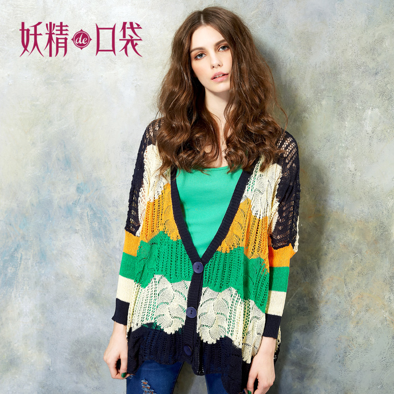 free shipping bargain  cherry gift autumn cutout striped casual sweater