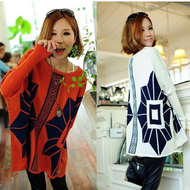 Free shipping bat full sleeve pattern print loose knitting pullover coat ladies casual autumn big size sweater new fashion