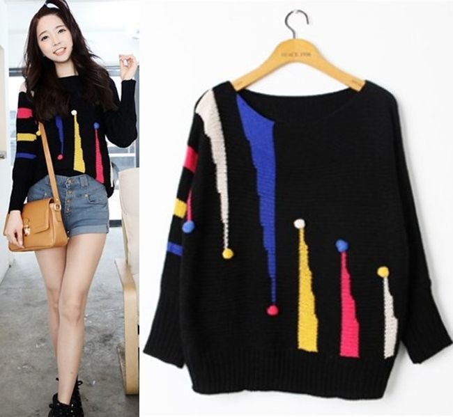 Free shipping bat sleeve colorful pattern casual loose knitwear women autumn knitted short pullovers sweater new fashion 2013