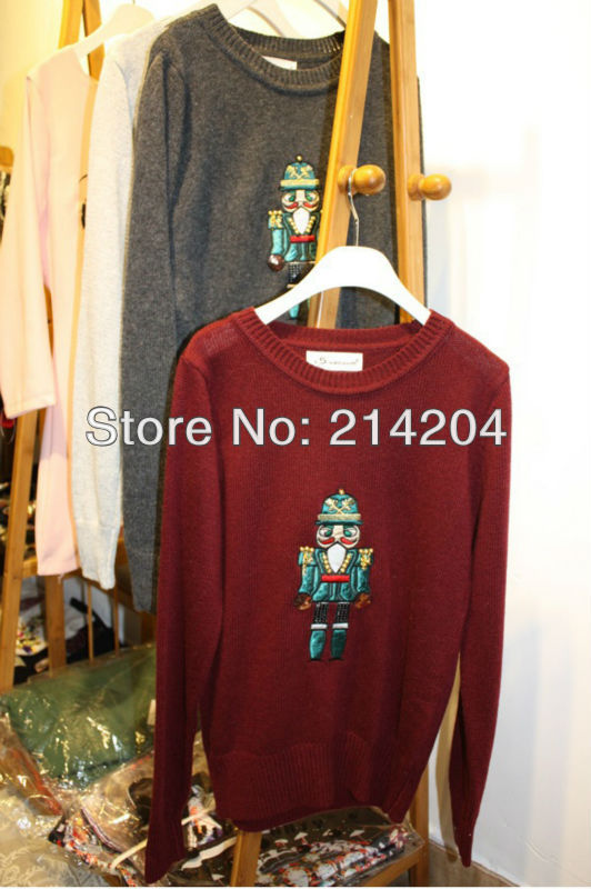 Free Shipping!"Beaded Sequins Cartoon Portraits" Gray Jumper women long-sleeve all-match sweater o-neck basic knitted pullover