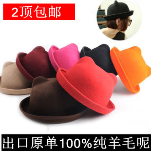 Free shipping Bear hat cat ears pure woolen roll-up hem dome hat female autumn and winter parent-child cap