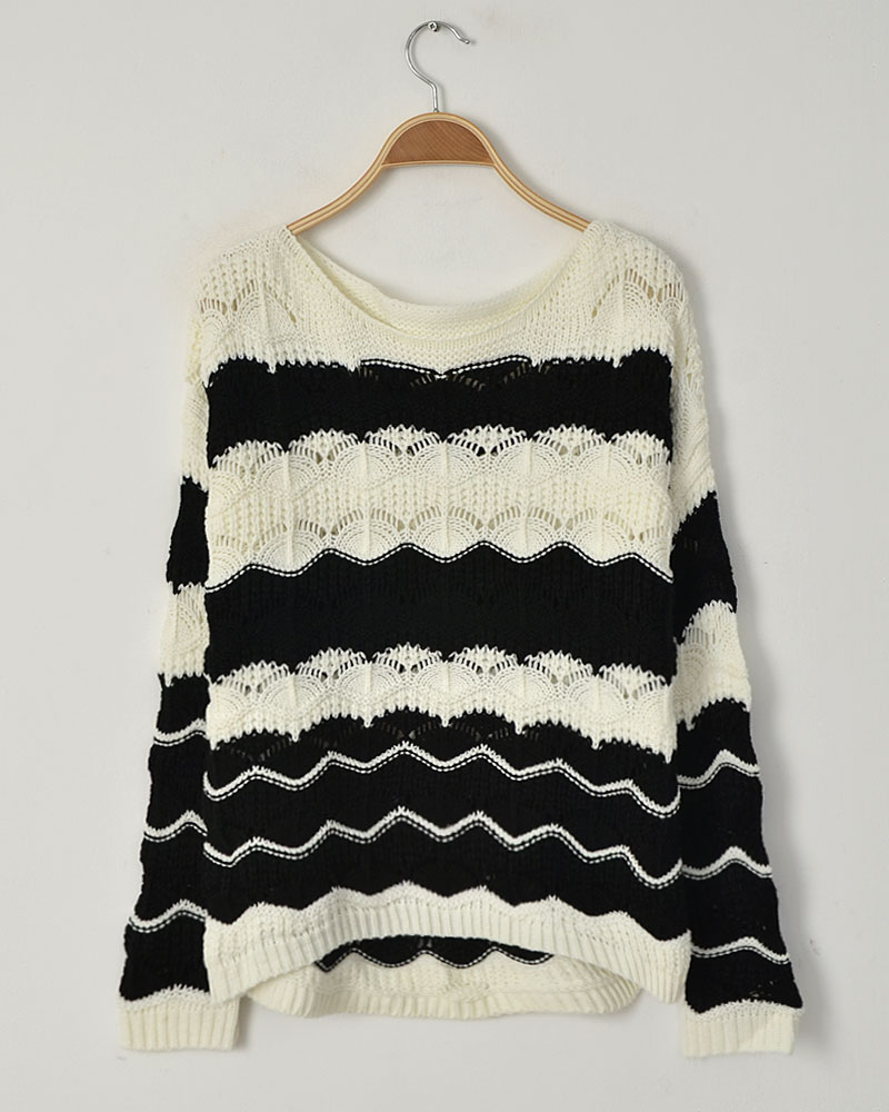 Free Shipping Beautiful wave wide stripe cutout yarn all-match loose knitted pullover sweater 3 wholesale