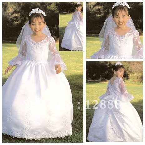 Free Shipping Beautiful White Custom Made Flower Girl Dresses For Weddings With Sleeves