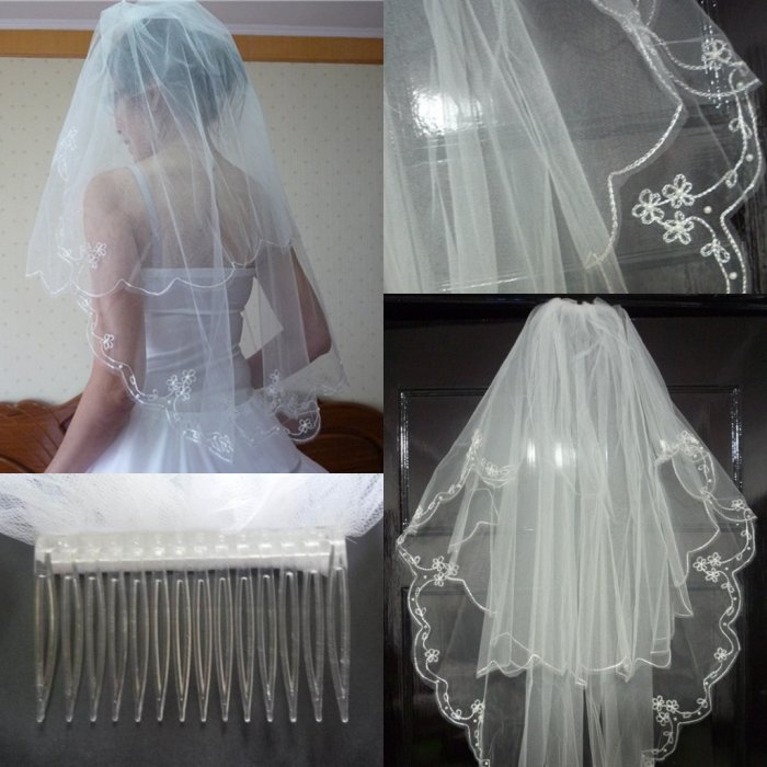 Free shipping Beautifully Unique design 2T White Wedding Veil Bridal Veil for Wedding Dress 2 layers Embroidery edge Prom Dress