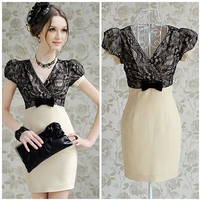Free shipping beige black lace patchwork bow v-neck puff sleeve ladies slim sheath party working mini dress new fashion 2013