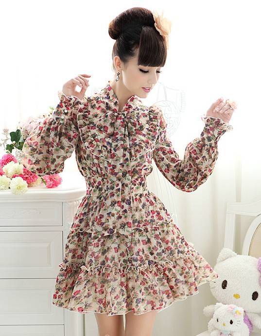 Free Shipping  Beige Floral bow Ribbon Chiffon Dress