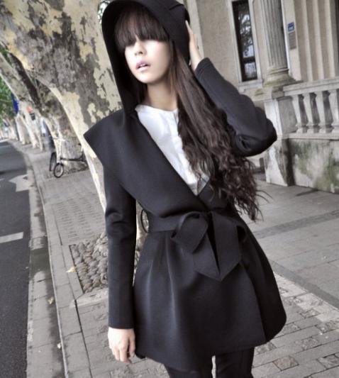 Free shipping belt solid pleated long trench coat women casual hooded cotton windproof winter new fashion