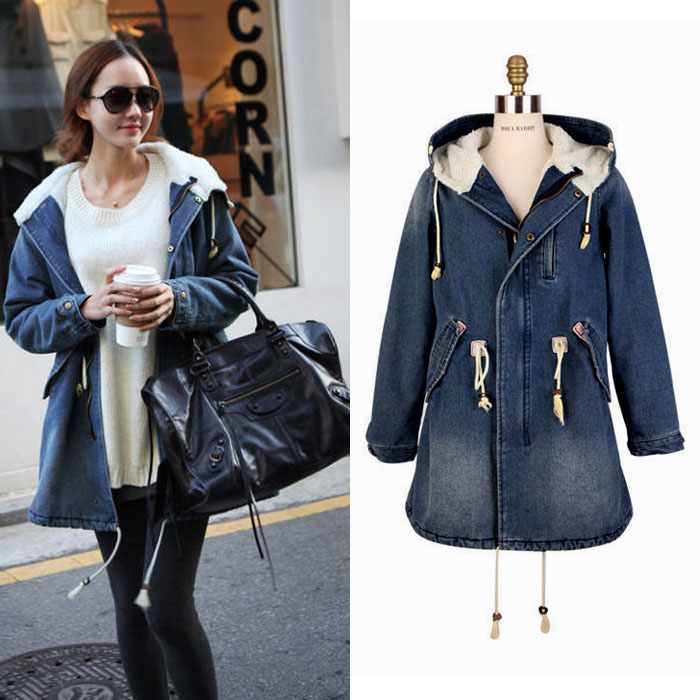 Free shipping Berber fleece liner thickening denim coat drawstring frock outerwear thermal denim wadded jacket trench