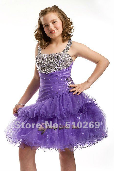 Free Shipping Best Seling Sequined Spaghetti Straps  Ruffled Organza Short Flower Girl Dress