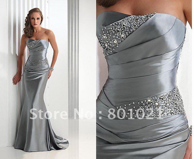 Free Shipping Best Selling Off Discount Strapless Beaded Satin Prom Dress Formal Evening Dresses