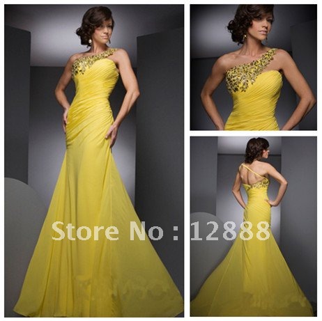Free Shipping Best Selling One-shoulder Memraid Yellow Prom Evening Dresses 2012