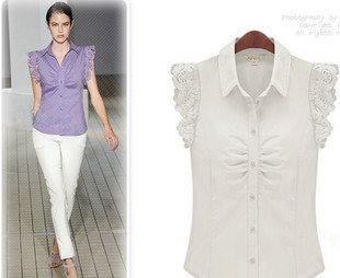 Free shipping best selling women's lace shirt ladies leisure Turn-down Collar Blouse Summer Fashion slim tops sleeveless