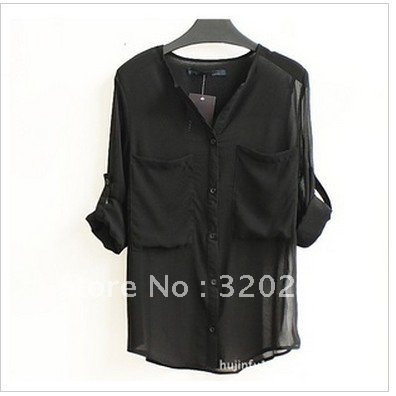 free shipping Big pocket hang down texture decadent shirt chiffon shirt ow005