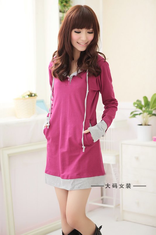 Free shipping  big size hooded dress long sleeve 2012 fashion clothing casual contrast panel pockets button 3 colors XL-4XL