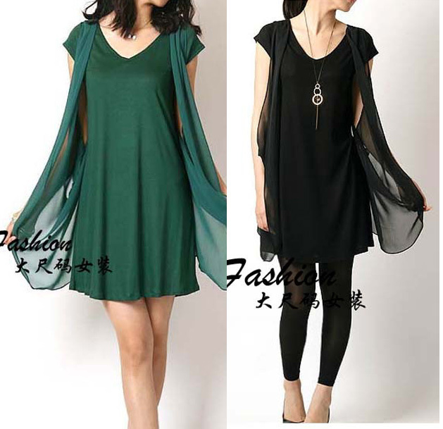 Free shipping big size women fake two pieces dress 2013 summer fashion short sleeve ruffles casual green black XL-XXXXL