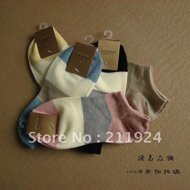 Free shipping big stripe candy color patchwork  cotton  slippers invisible socks