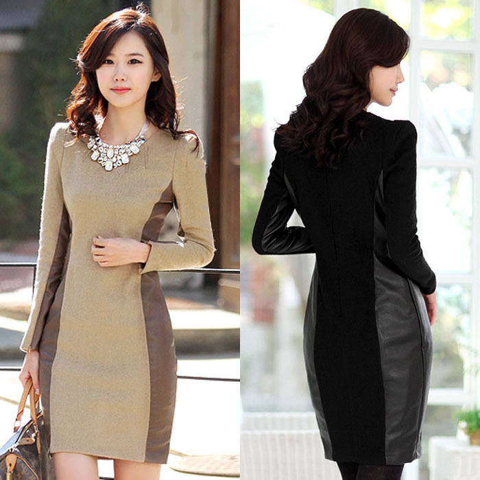 Free shipping Big ! women's leather skirt slim hip winter dress plus size winter woolen one-piece dress casual