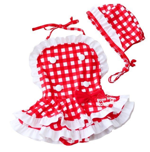 Free Shipping bikini swimwear for baby girl red and white Checkered Plaid of White and Red HOT SELL! Swimsuit + Swimhat 5pcs/lot