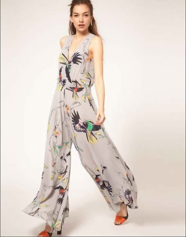Free shipping bird pattern v-neck sleeeless wide leg slacks pleated chiffon Jumpsuits & Rompers 2012 new fashion