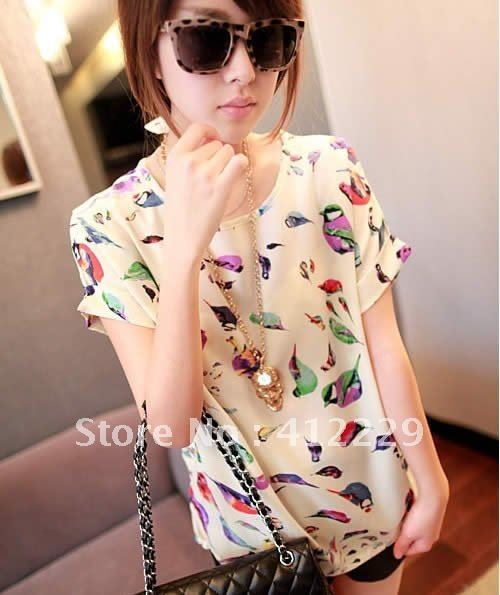 Free shipping bird print short sleeve o-neck chiffon blouses shirts 2012 design hot selling