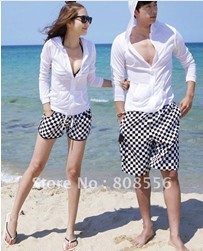 Free Shipping black and white lattice couple beach pants women/men beach style lovers trusers