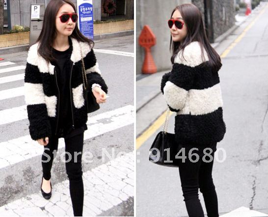 Free shipping! black and white stripe Both sides can wear lady coat cotton-padded clothes Free size