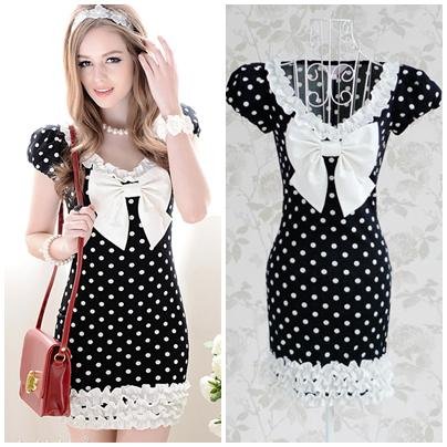 Free shipping black background white dot slim sheath ruffles bow ladies short sleeve cute mini princess dress new fashion 2013
