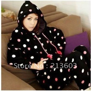 FREE SHIPPING  black colorful dot hooded cute  thickening coral fleece Pajamas  M79, home sleepwear