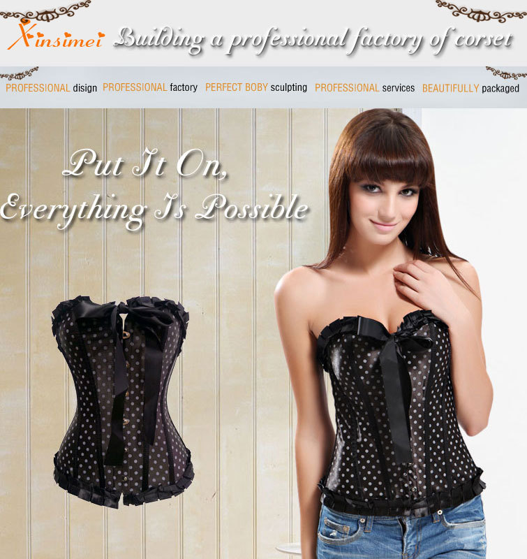 Free shipping Black dots lace up boned corset busiter+G-string S-XL