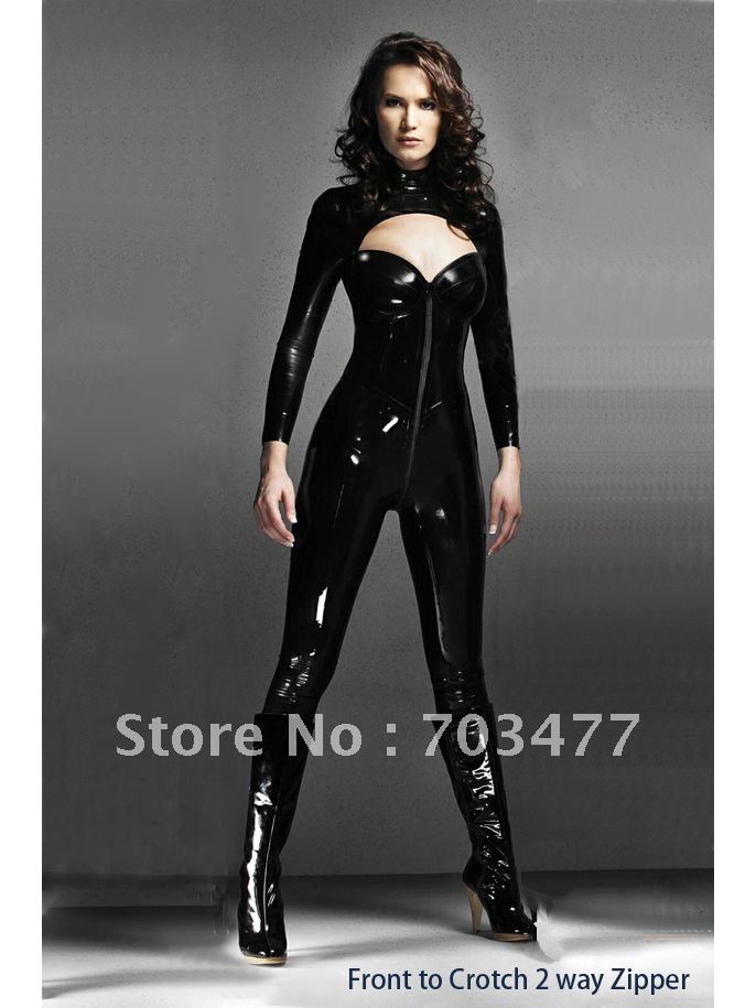 Free shipping black front open leather jumpsuit long sleeves vinyl lingerie front zipper sexy lingerie hot sale women bodysuit