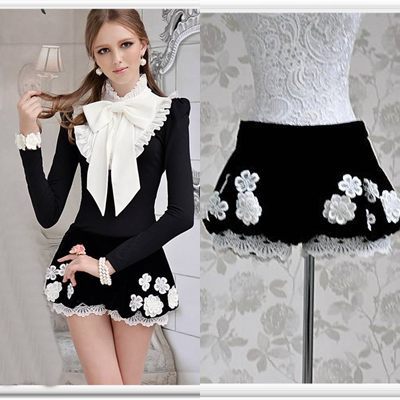Free shipping black lace patchwork low waist embroidery ladies casual pantskirt dressy shorts  new fashion